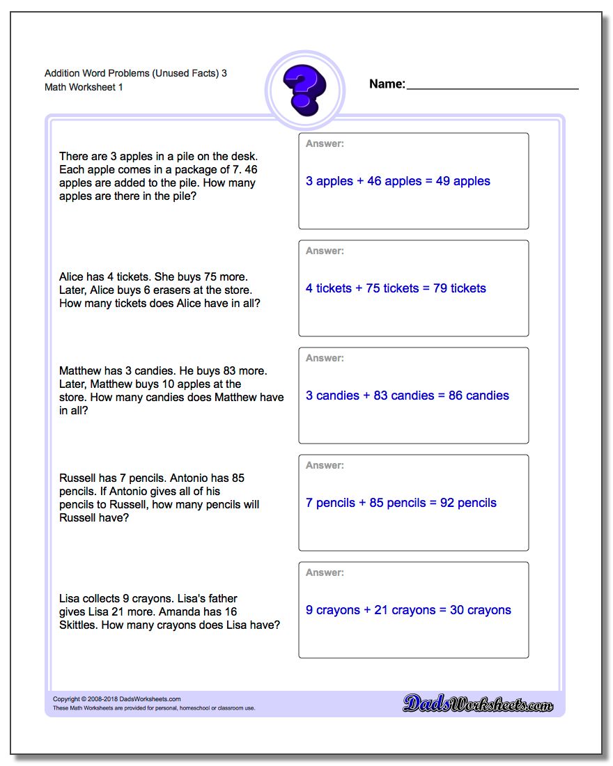 Word Problems Worksheet Addition Worksheet (Unused Facts) 3