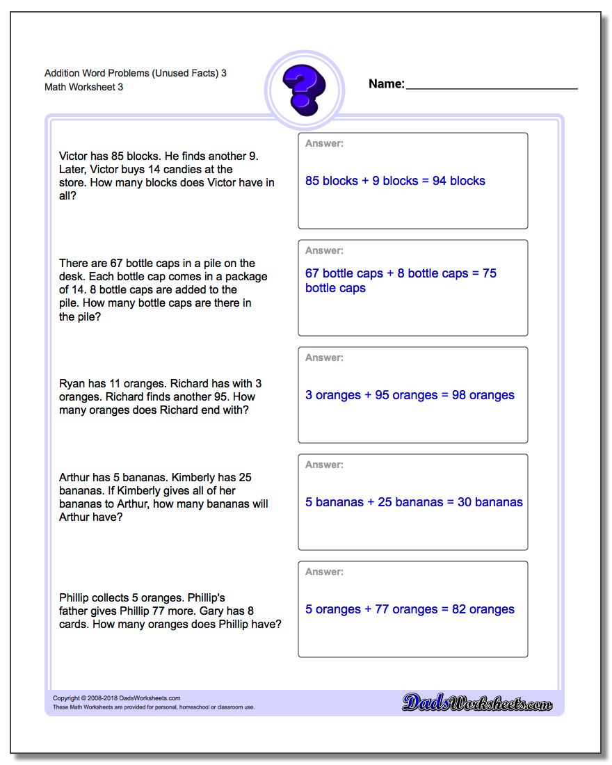 Addition Worksheet Word Problems Worksheet (Unused Facts) 3