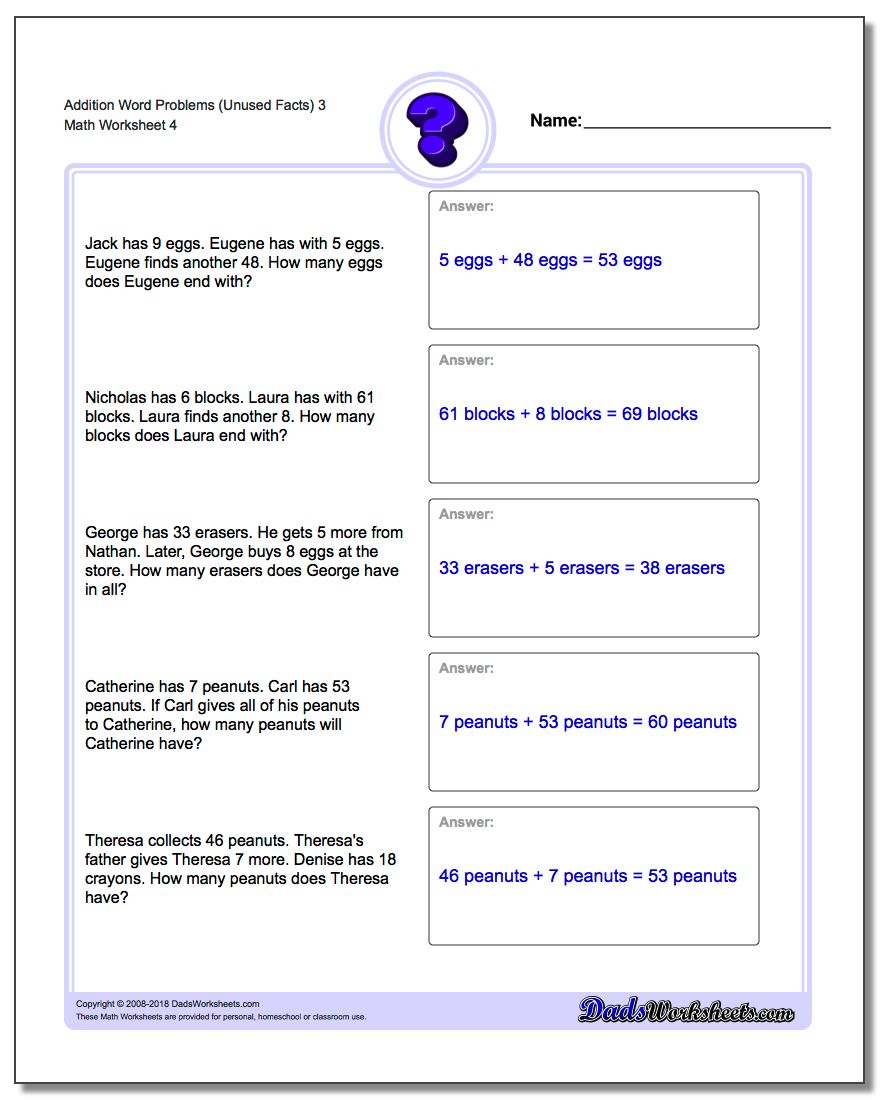 Addition Worksheet Word Problems Worksheet (Unused Facts) 3
