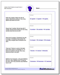 Word Problems Worksheet Addition Worksheet (Unused Facts) 2
