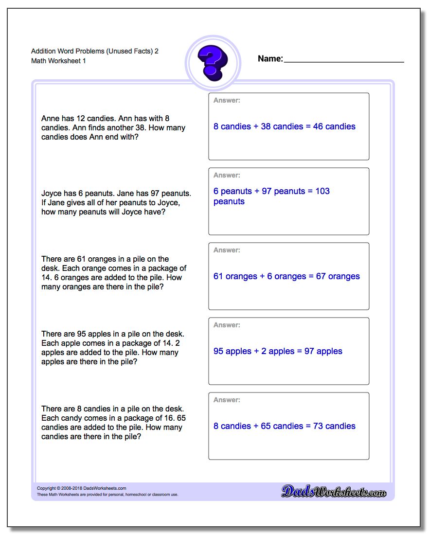 Word Problems Worksheet Addition Worksheet (Unused Facts) 2