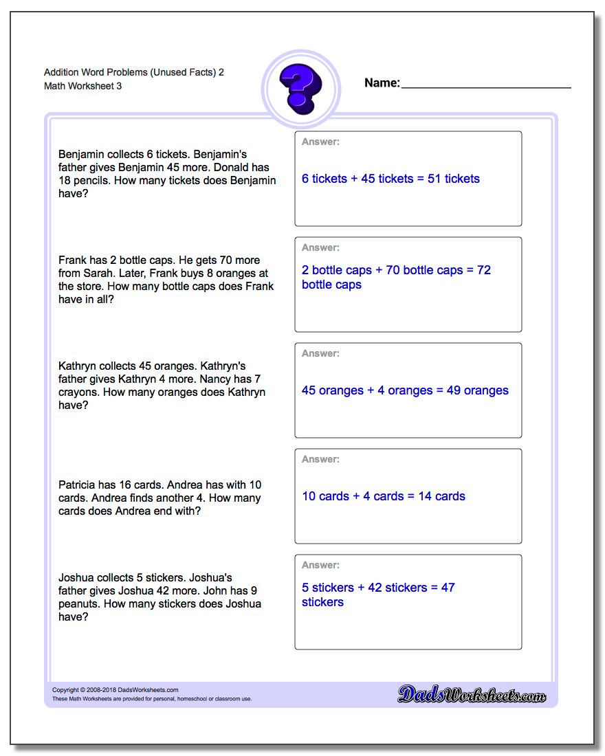Addition Worksheet Word Problems Worksheet (Unused Facts) 2
