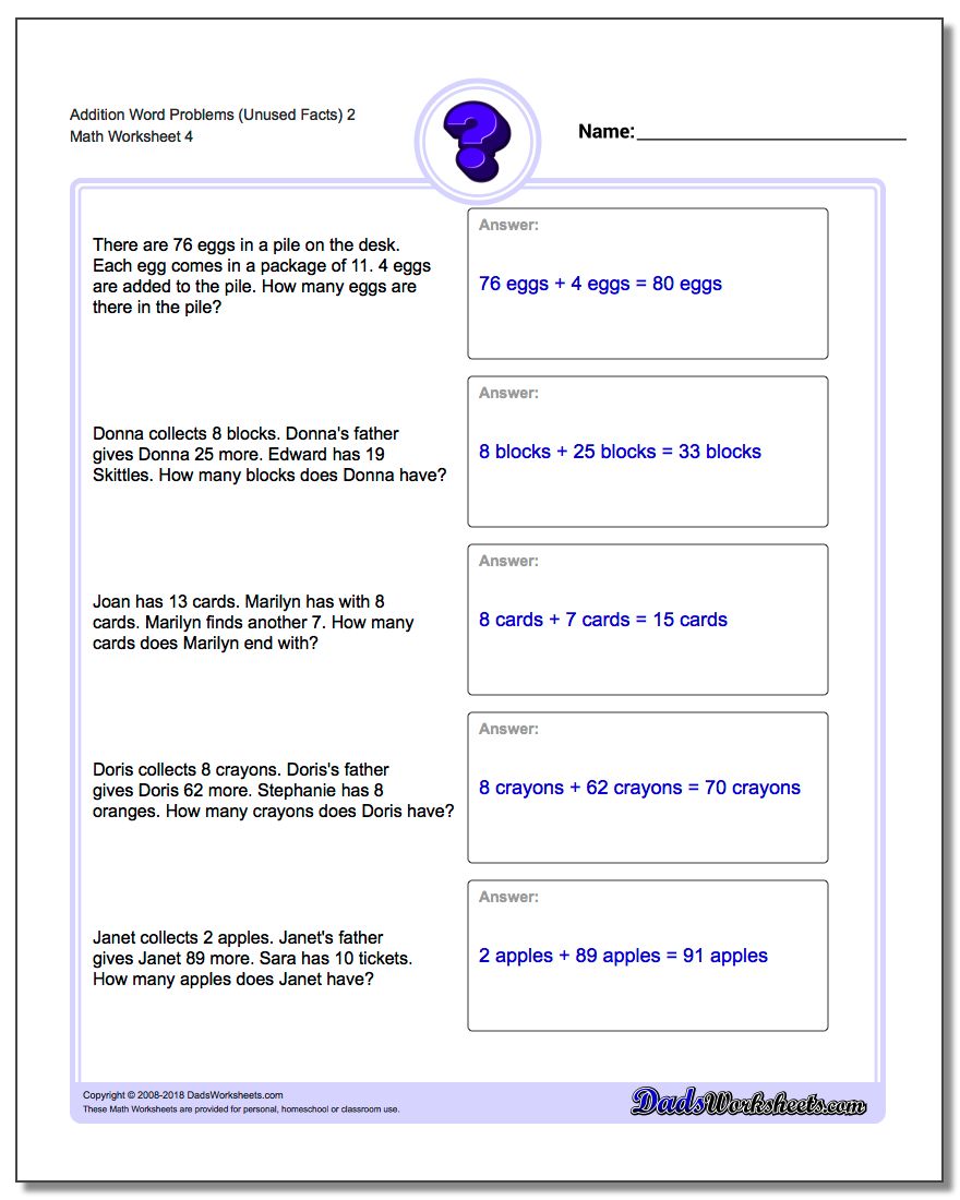 Addition Worksheet Word Problems Worksheet (Unused Facts) 2