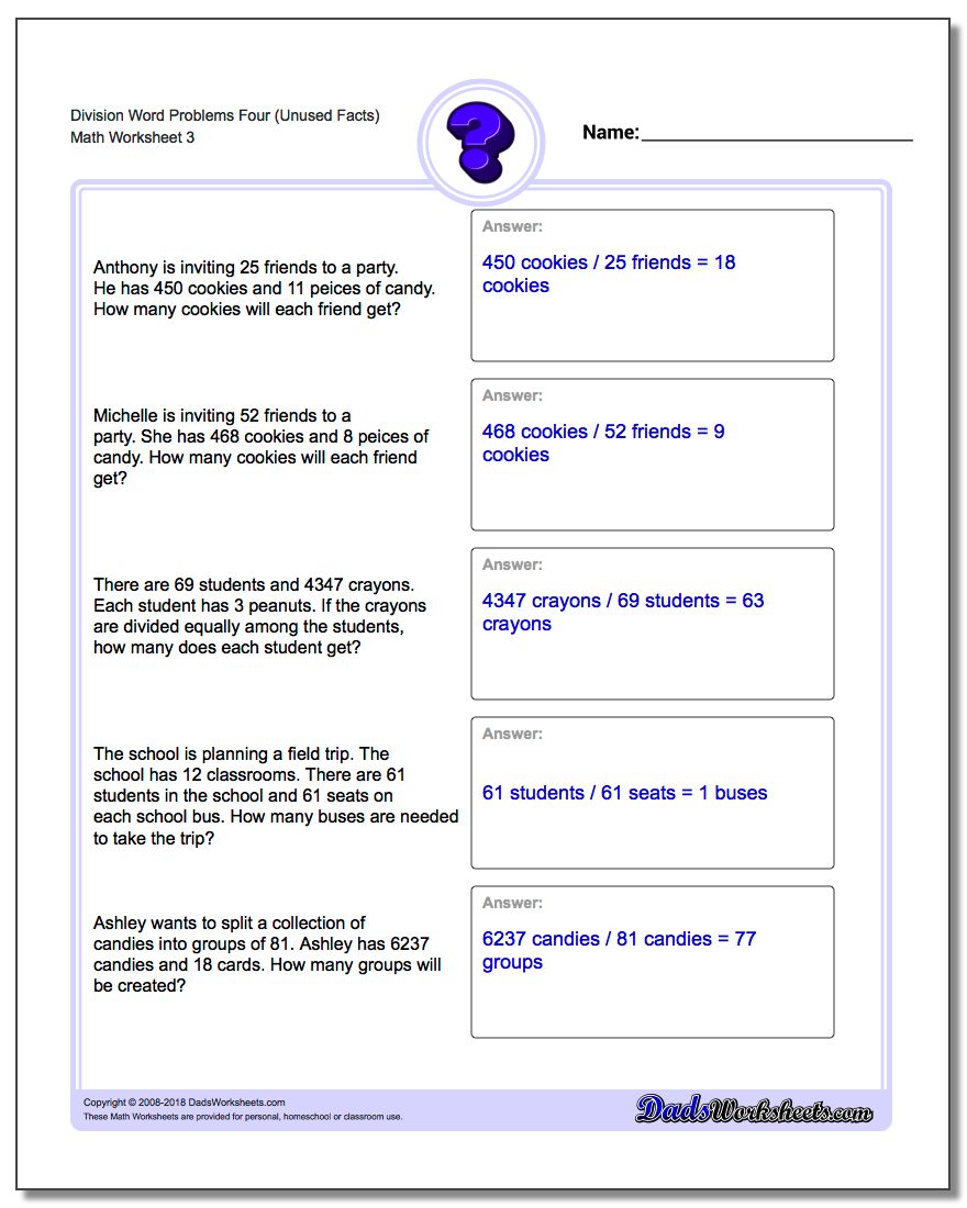 Division Worksheet Word Problems Worksheet Four (Unused Facts)