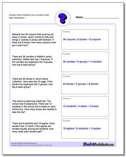 Word Problems Worksheet Division Worksheet One (Unused Facts)