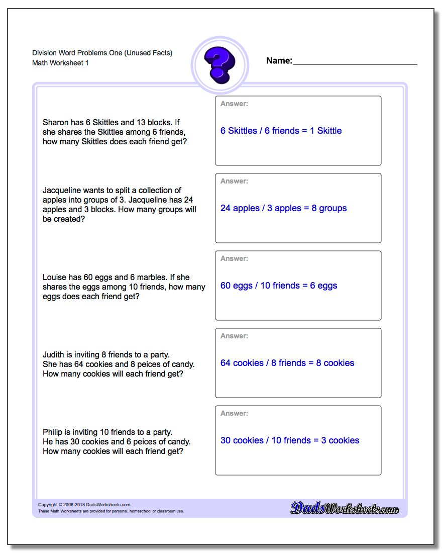 Word Problems Worksheet Division Worksheet One (Unused Facts)