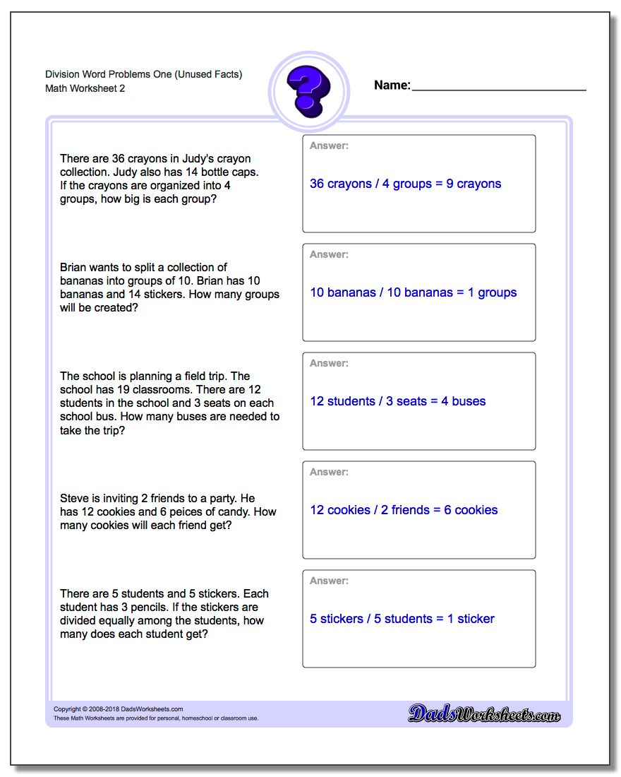 Division Worksheet Word Problems Worksheet One (Unused Facts) www.dadsworksheets.com/worksheets/word-problems.html