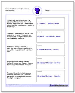 Division Worksheet Word Problems Worksheet One (Unused Facts)