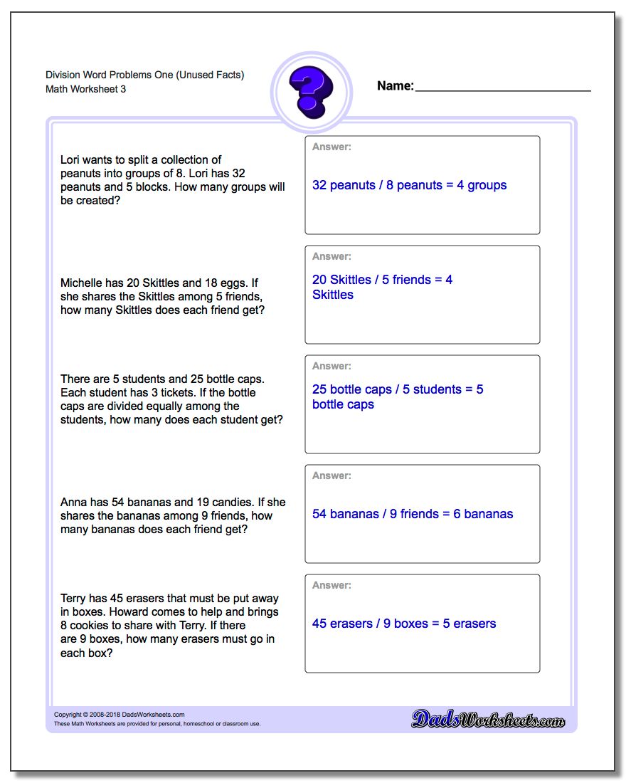 Division Worksheet Word Problems Worksheet One (Unused Facts)