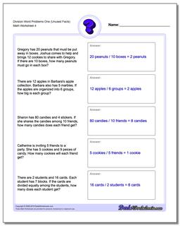 Division Worksheet Word Problems Worksheet One (Unused Facts)