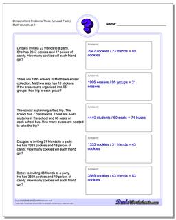 Word Problems Worksheet Division Worksheet Three (Unused Facts)