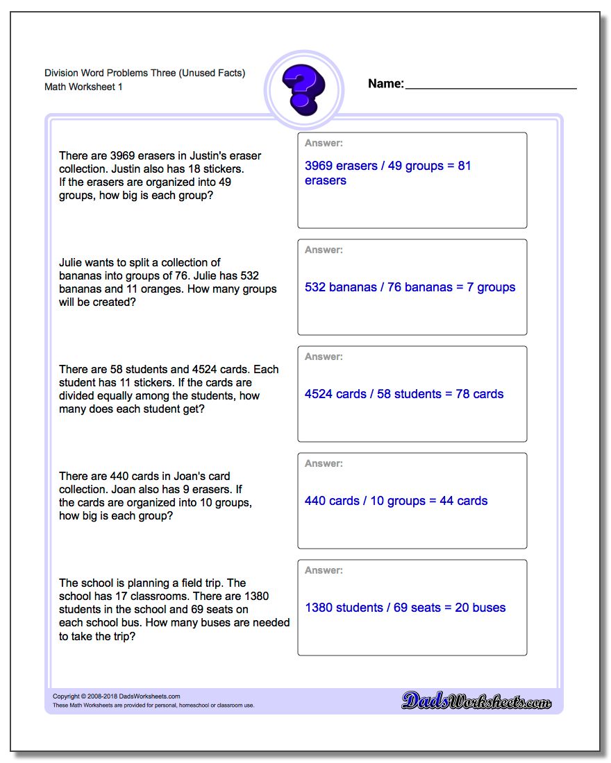 Word Problems Worksheet Division Worksheet Three (Unused Facts)