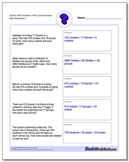 Division Worksheet Word Problems Worksheet Three (Unused Facts)