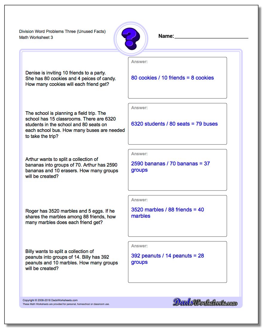 Division Worksheet Word Problems Worksheet Three (Unused Facts)