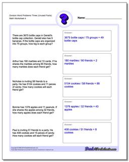 Division Worksheet Word Problems Worksheet Three (Unused Facts)