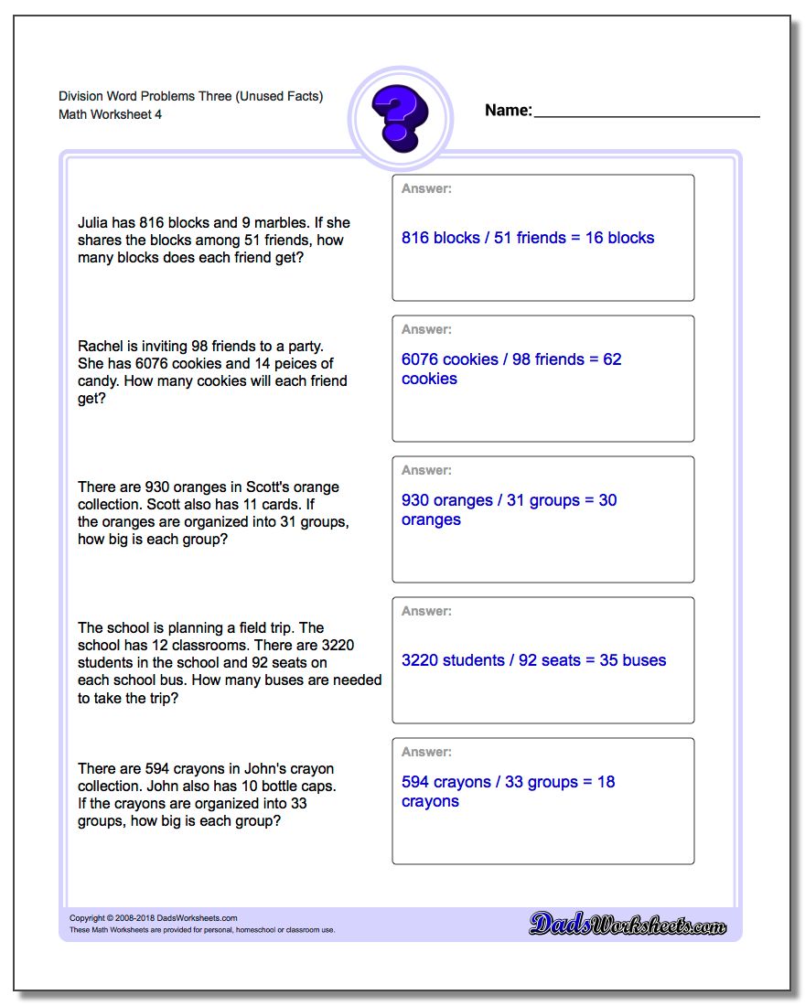 Division Worksheet Word Problems Worksheet Three (Unused Facts)