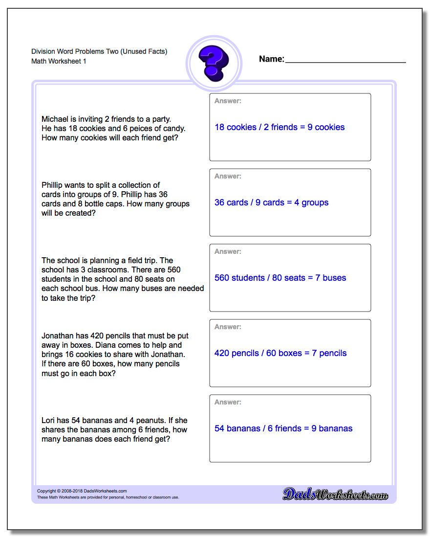 Word Problems Worksheet Division Worksheet Two (Unused Facts)