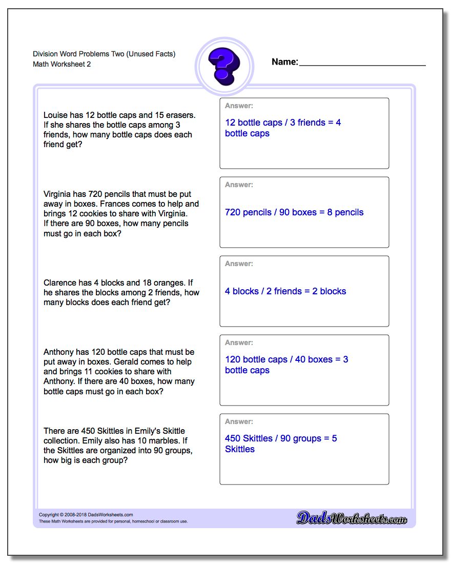 Division Worksheet Word Problems Worksheet Two (Unused Facts) www.dadsworksheets.com/worksheets/word-problems.html