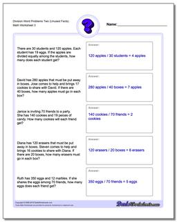 Division Worksheet Word Problems Worksheet Two (Unused Facts)