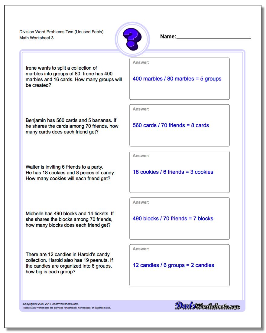 Division Worksheet Word Problems Worksheet Two (Unused Facts)