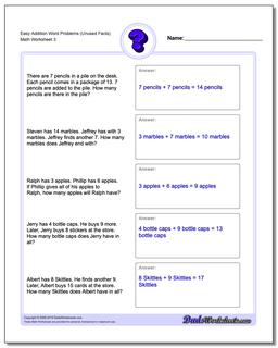 Easy Addition Worksheet Word Problems Worksheet (Unused Facts)