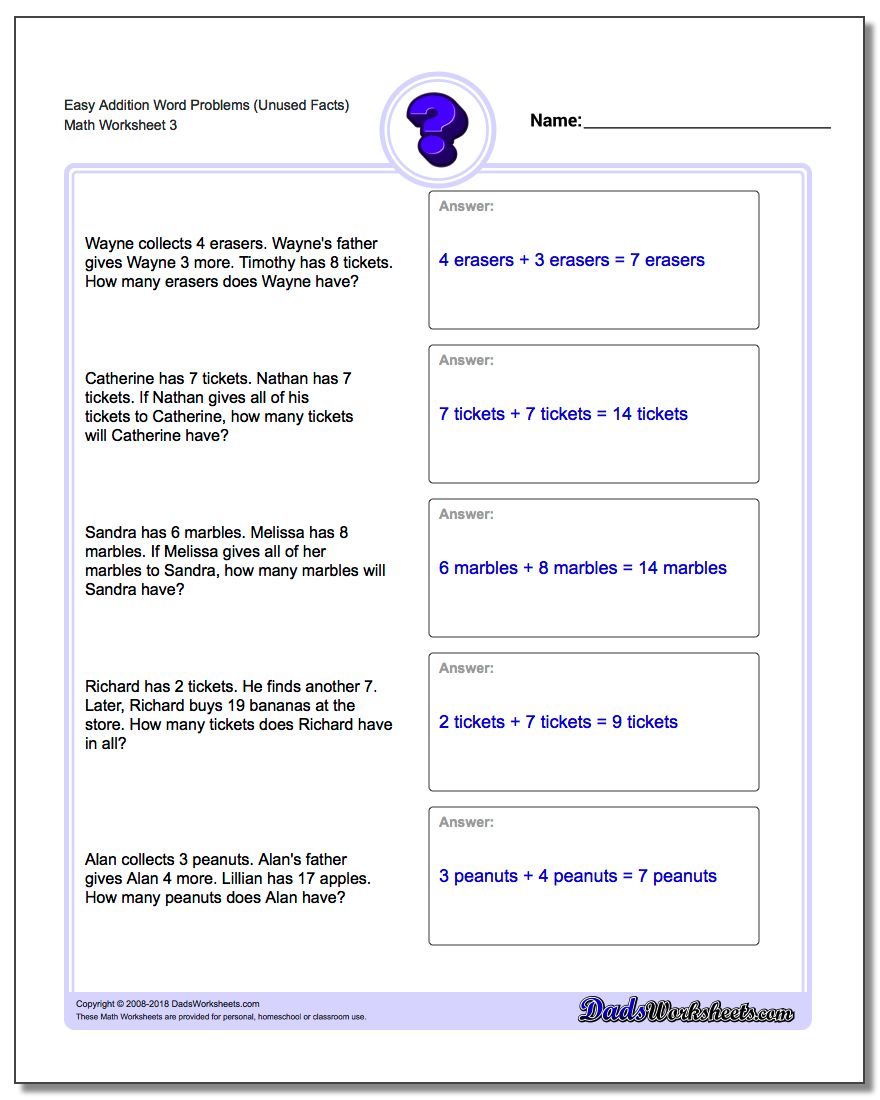 Easy Addition Worksheet Word Problems Worksheet (Unused Facts)
