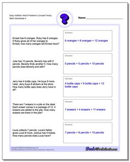 Easy Addition Worksheet Word Problems Worksheet (Unused Facts)