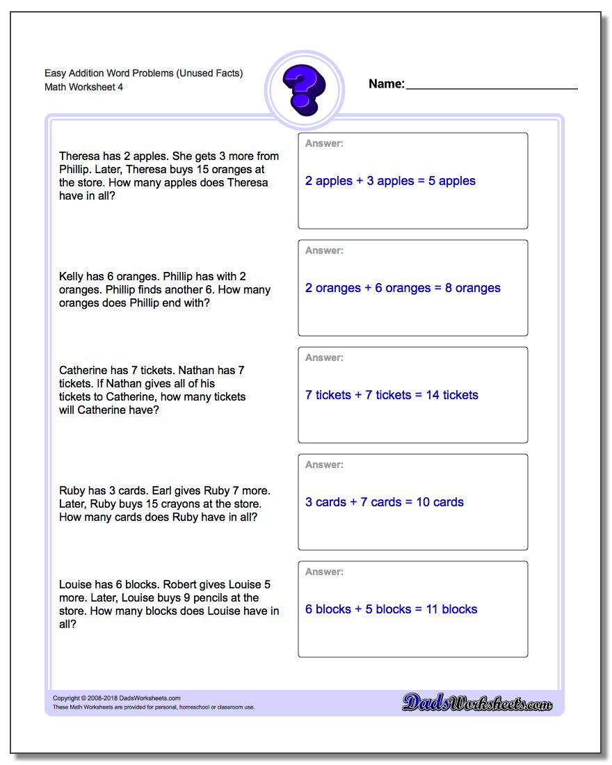 Easy Addition Worksheet Word Problems Worksheet (Unused Facts)