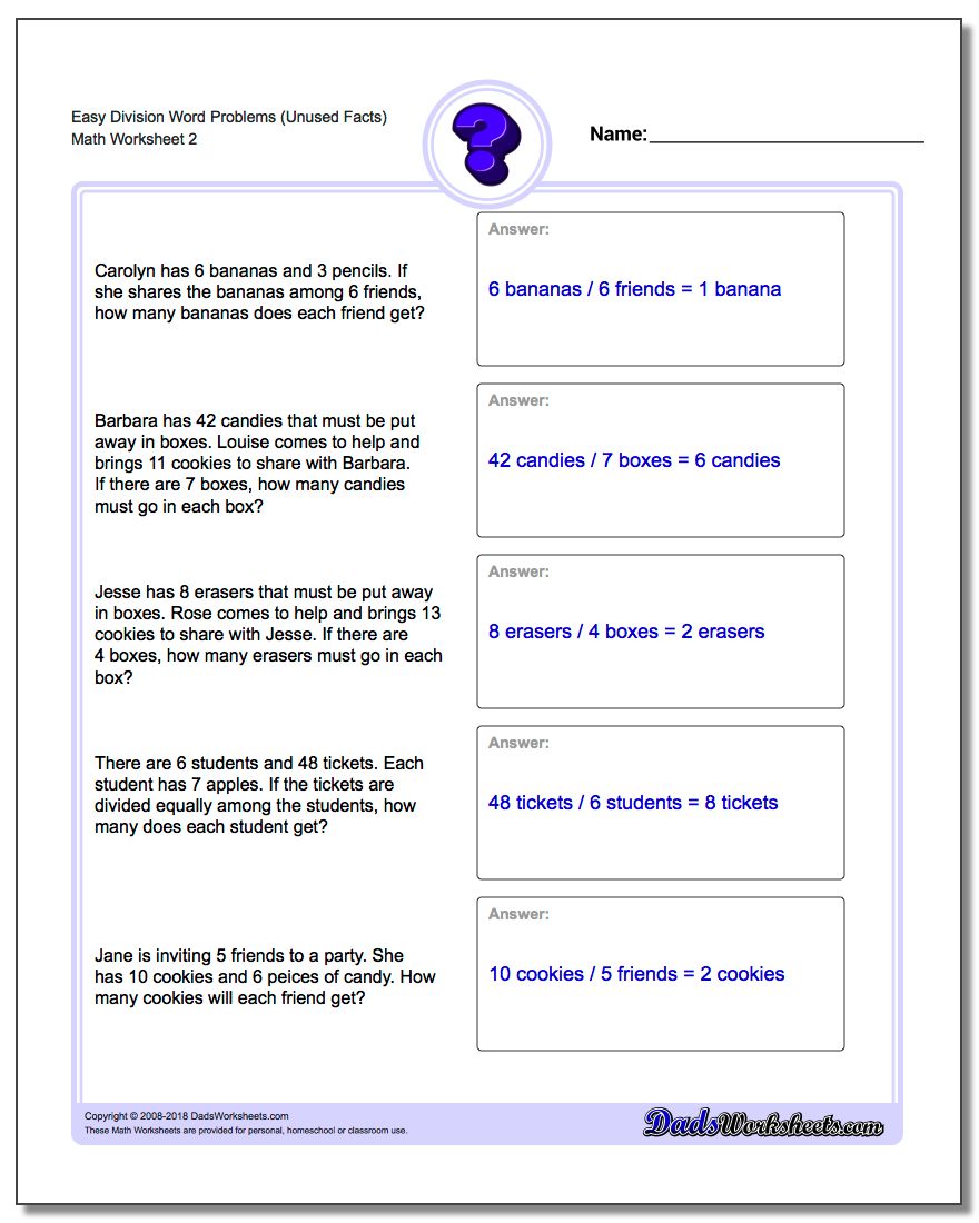 Easy Division Worksheet Word Problems Worksheet (Unused Facts) www.dadsworksheets.com/worksheets/word-problems.html