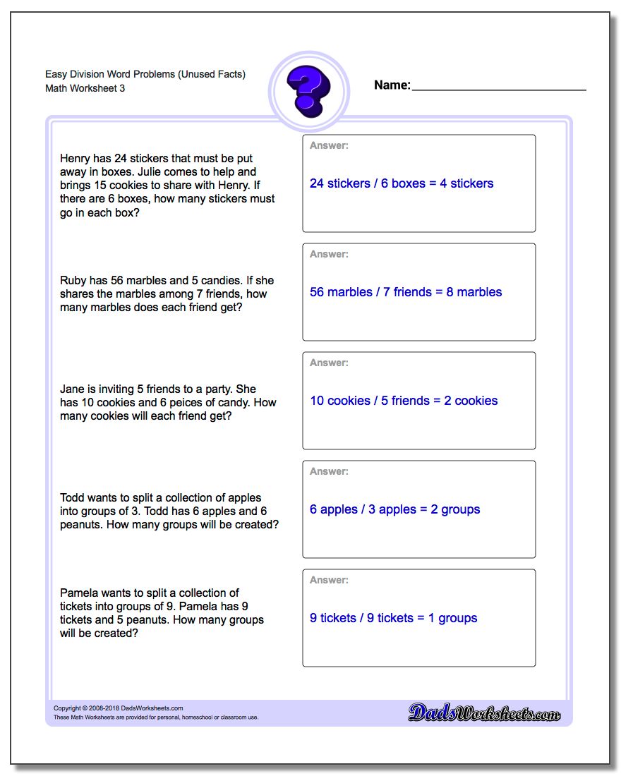 Easy Division Worksheet Word Problems Worksheet (Unused Facts)
