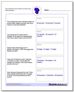 Word Problems Worksheet Easy Subtraction Worksheet (Unused Facts)
