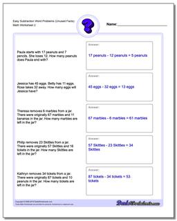 Easy Subtraction Worksheet Word Problems Worksheet (Unused Facts) /worksheets/word-problems.html