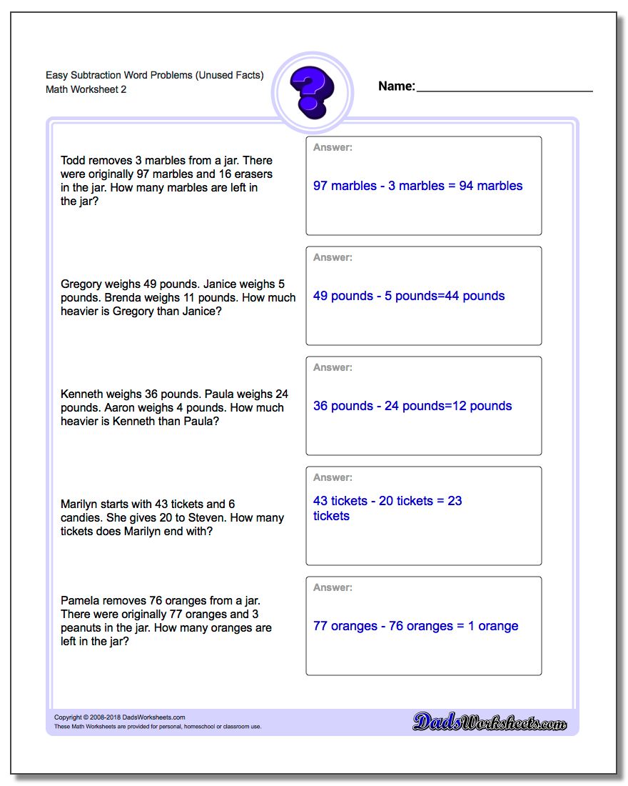 Easy Subtraction Worksheet Word Problems Worksheet (Unused Facts) www.dadsworksheets.com/worksheets/word-problems.html