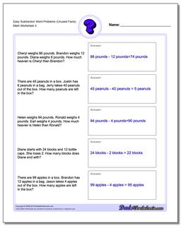 Easy Subtraction Worksheet Word Problems Worksheet (Unused Facts)