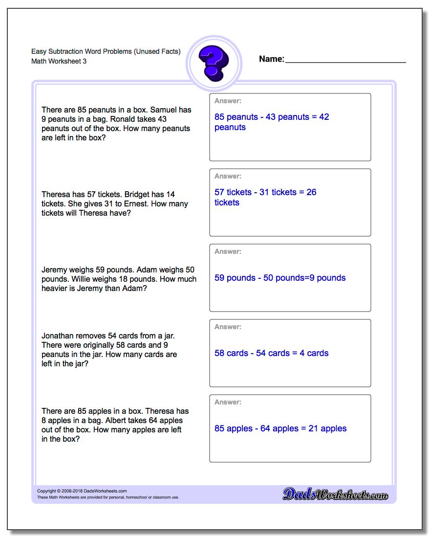 Easy Subtraction Worksheet Word Problems Worksheet (Unused Facts)