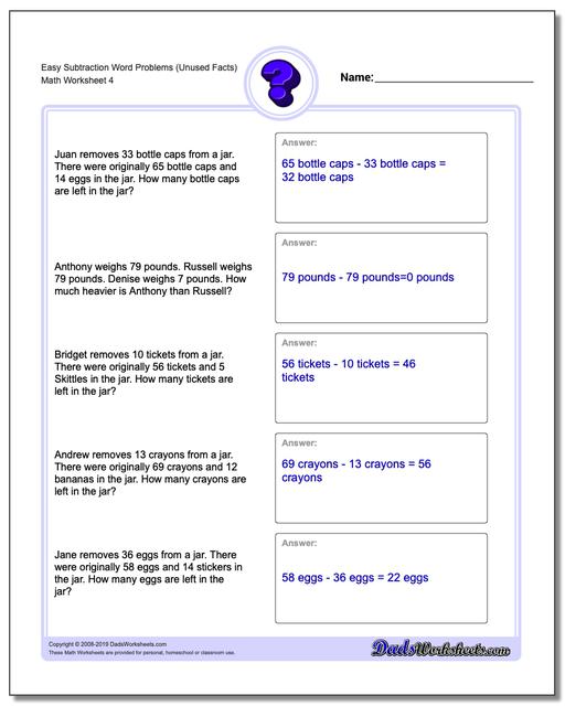 Word Problems: Extra Facts Subtraction Word Problems