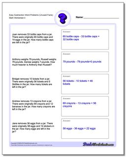 Easy Subtraction Worksheet Word Problems Worksheet (Unused Facts)