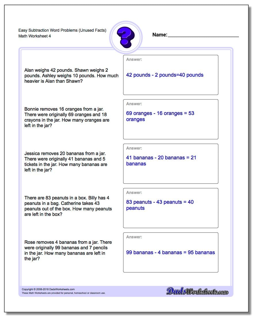 Easy Subtraction Worksheet Word Problems Worksheet (Unused Facts)