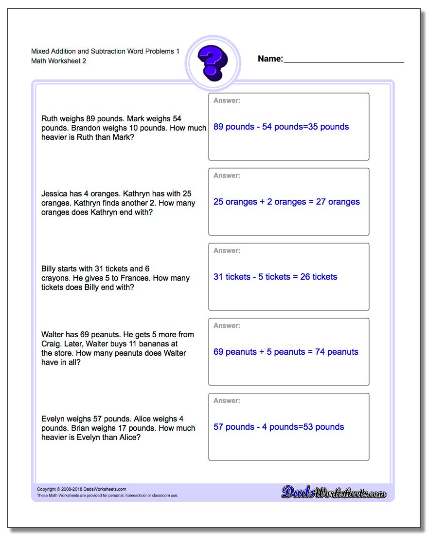 Mixed Addition Worksheet and Subtraction Worksheet Word Problems Worksheet 1 www.dadsworksheets.com/worksheets/word-problems.html
