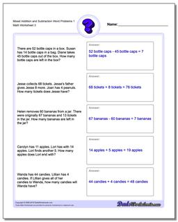 Mixed Addition Worksheet and Subtraction Worksheet Word Problems Worksheet 1