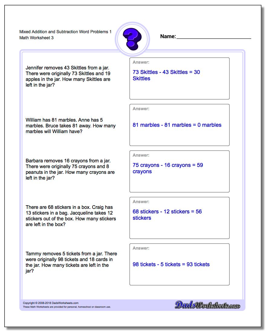Mixed Addition Worksheet and Subtraction Worksheet Word Problems Worksheet 1