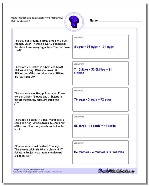 Math Worksheets: Word Problems: Word Problems: Mixed Addition and