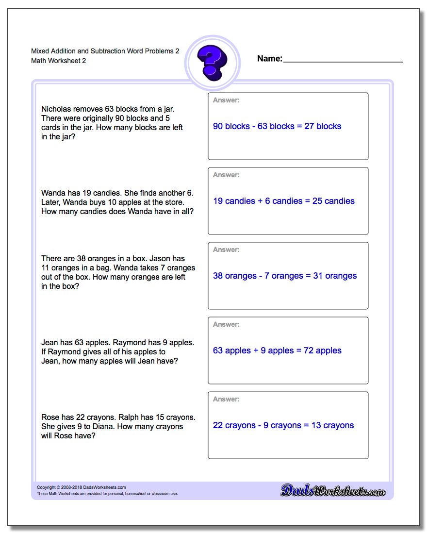Mixed Addition Worksheet and Subtraction Worksheet Word Problems Worksheet 2 www.dadsworksheets.com/worksheets/word-problems.html