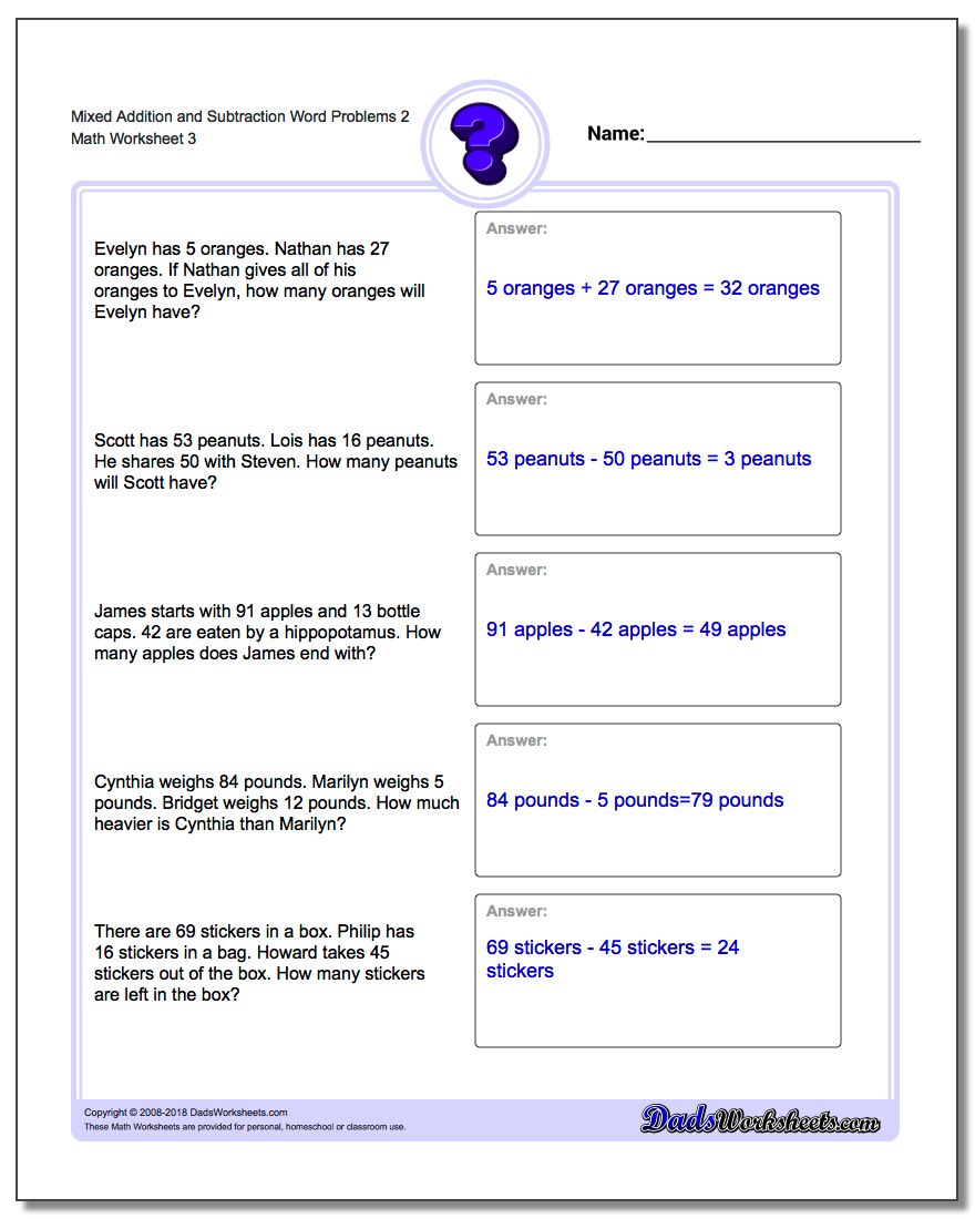 Mixed Addition Worksheet and Subtraction Worksheet Word Problems Worksheet 2