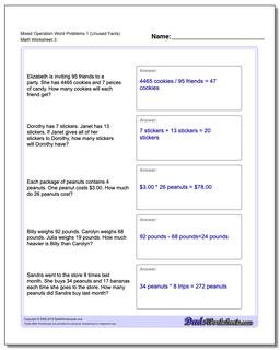 Mixed Operation Word Problems Worksheet 1 (Unused Facts)