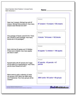 Mixed Operation Word Problems Worksheet 1 (Unused Facts)