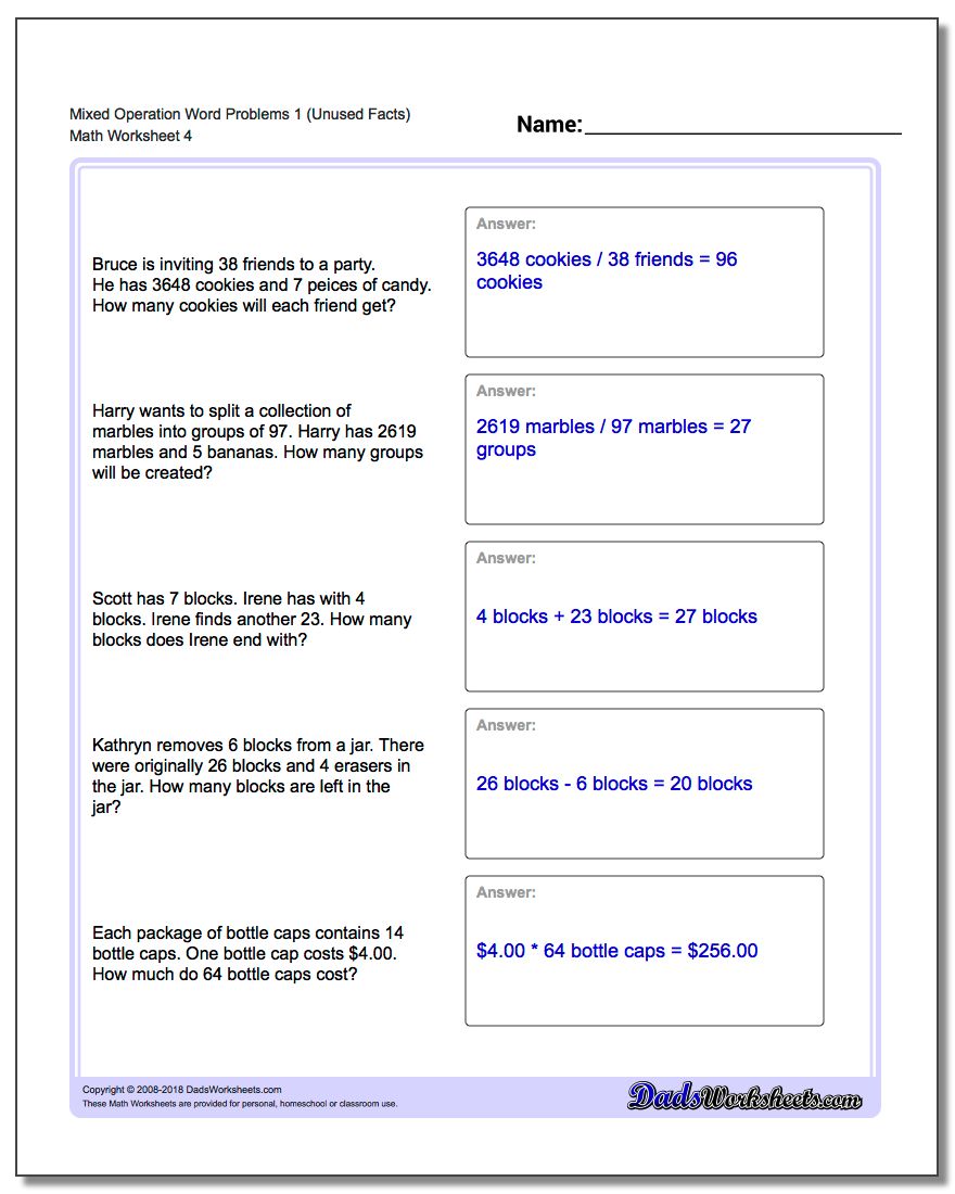 Mixed Operation Word Problems Worksheet 1 (Unused Facts)