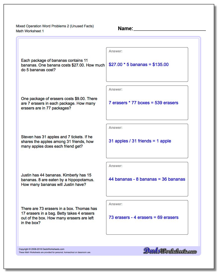 Extra Facts Mixed Operation Word Problems