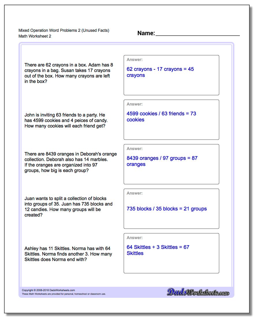 Mixed Operation Word Problems Worksheet 2 (Unused Facts) www.dadsworksheets.com/worksheets/word-problems.html