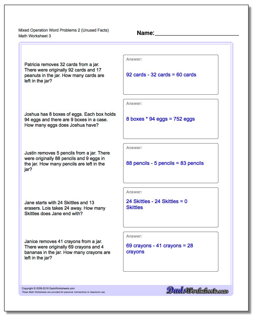 Mixed Operation Word Problems Worksheet 2 (Unused Facts)